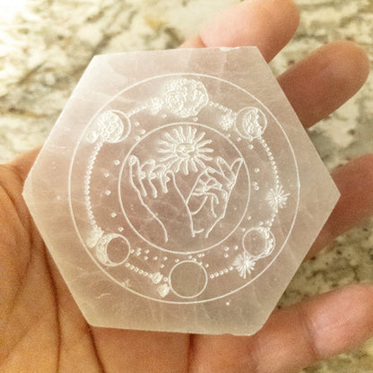 NEW Celestial Engraved Selenite Hexagon Plate