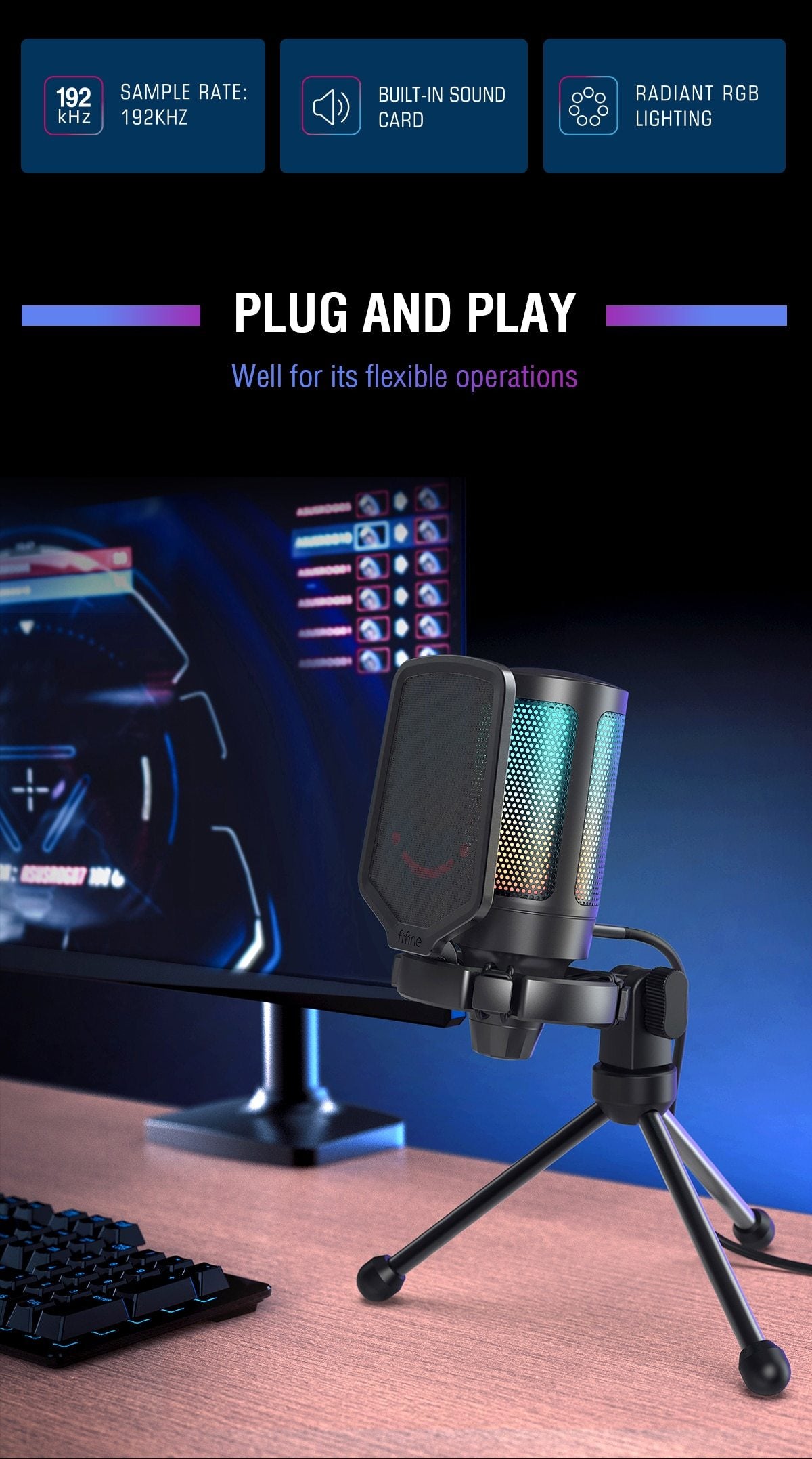 USB Condenser Gaming Microphone, for PC PS4 PS5 MAC with Pop Filter